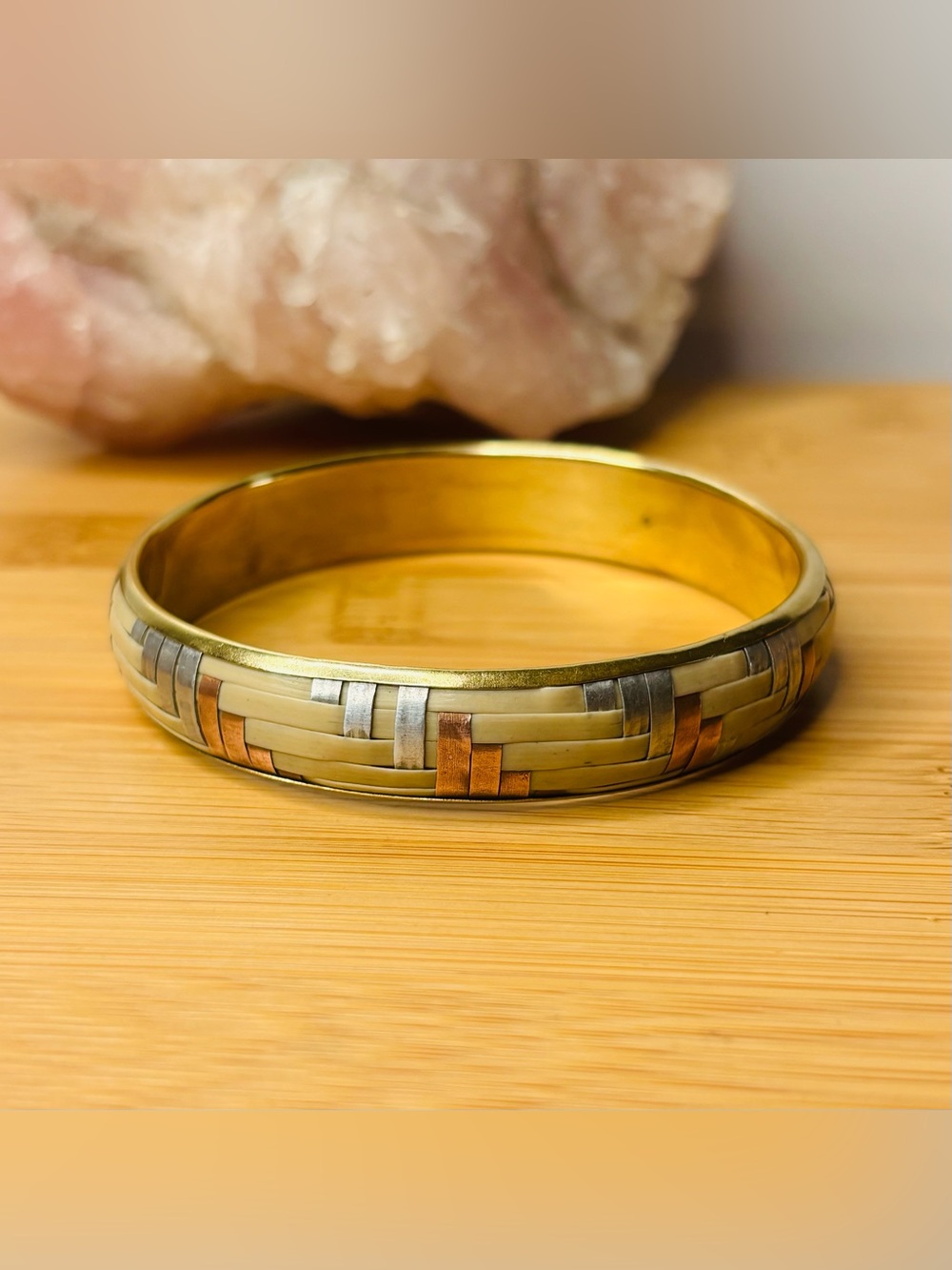 Vintage Brass Inlay Basket Weave Bangle Bracelet with Silver and Copper Accents